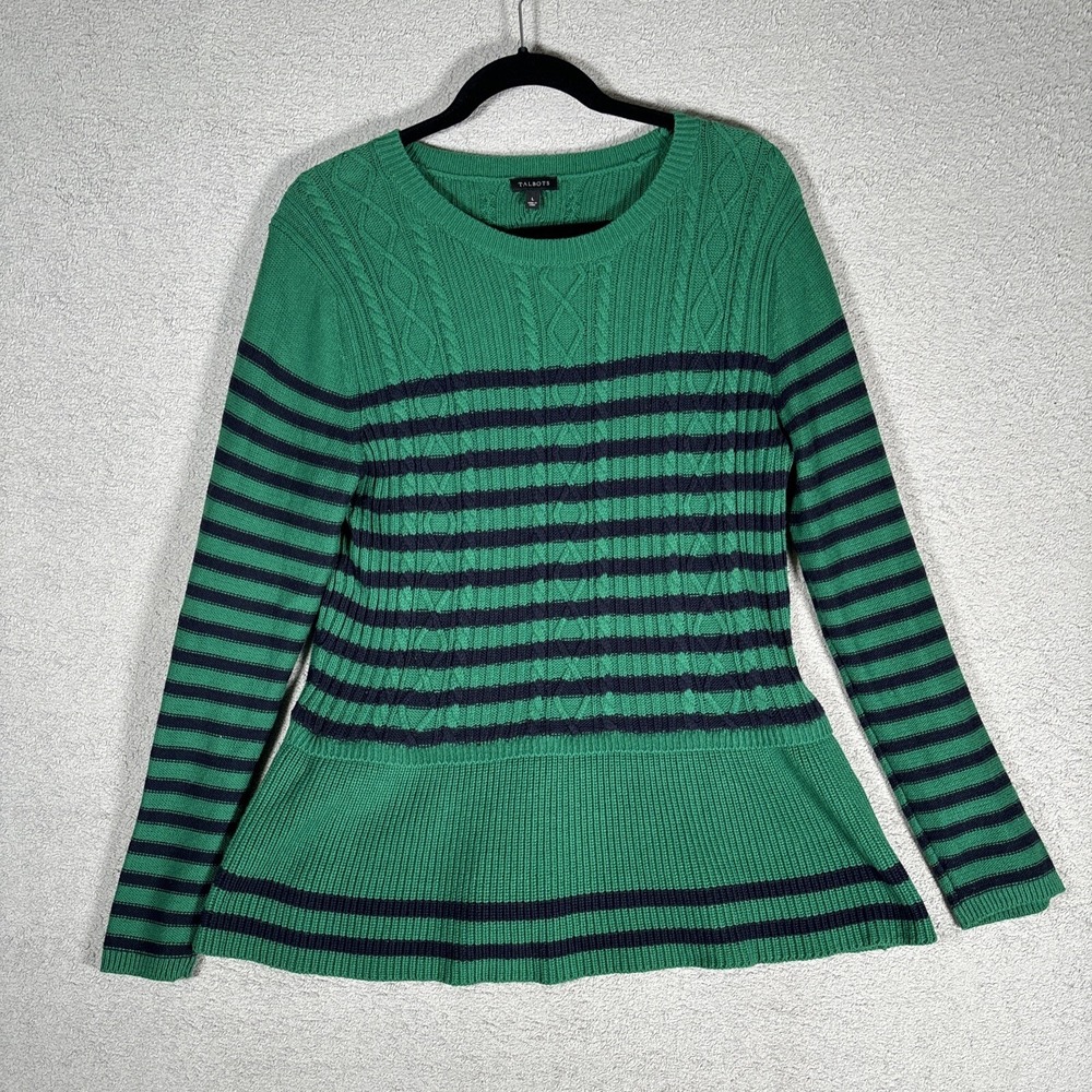 Talbots Peplum Sweater Womens L Green Black Stripe Top Casual Cotton 5% Cashmere